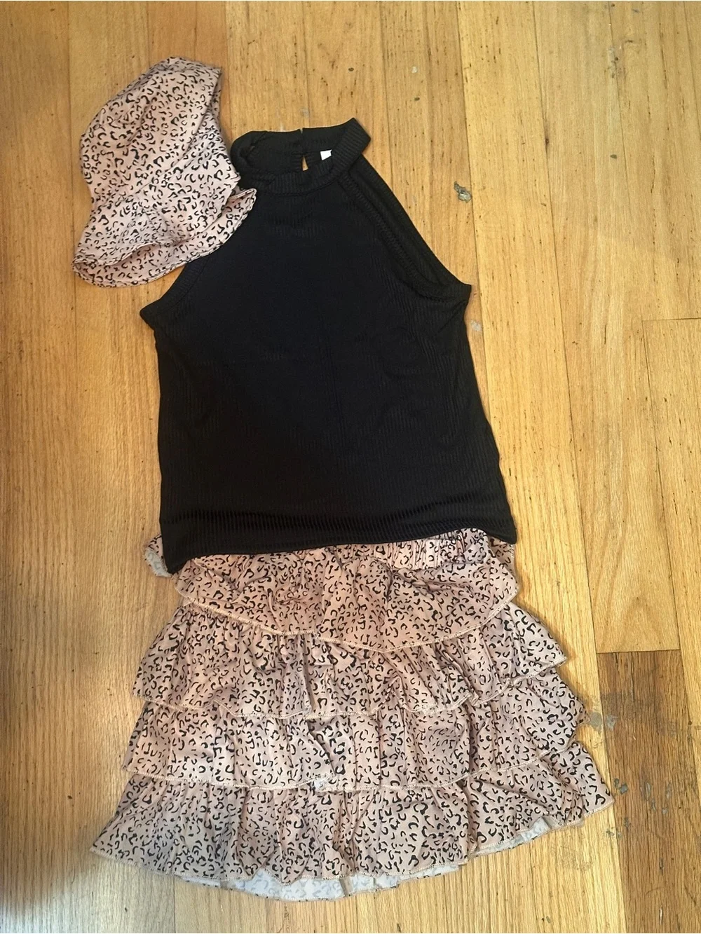 🖤 Girls Size 7 Leopard Tiered Ruffle Skirt Black Tank Top Hat 3-Piece Set 🐆